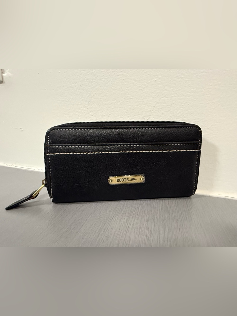 Roots Black Leather Zip Around Wallet RFID Long Wallet
